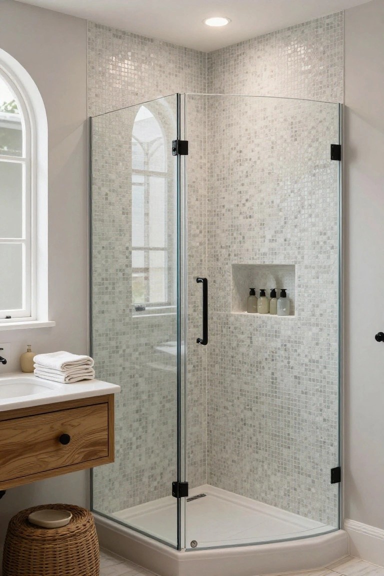 Corner neo-angle glass shower enclosure with frameless black hinges, white glass mosaic tile walls featuring a built-in niche shelf with shampoo bottles, next to a wood floating vanity and arched window in a light bathroom.
