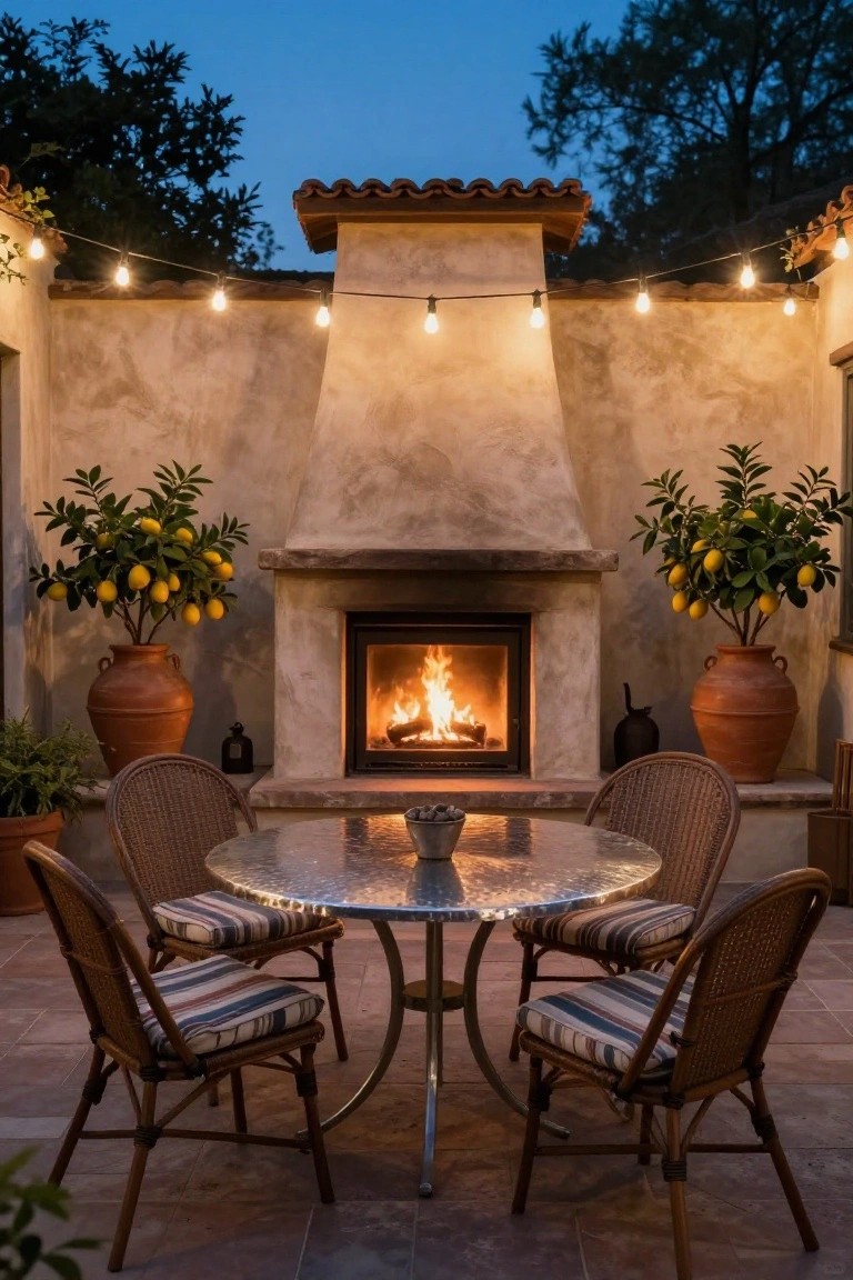 Dusk view of hacienda-style outdoor patio with lit fireplace built into stucco wall flanked by potted lemon trees in terracotta pots, round glass-topped metal table with four wicker chairs with striped cushions, string lights overhead, and potted plants nearby.