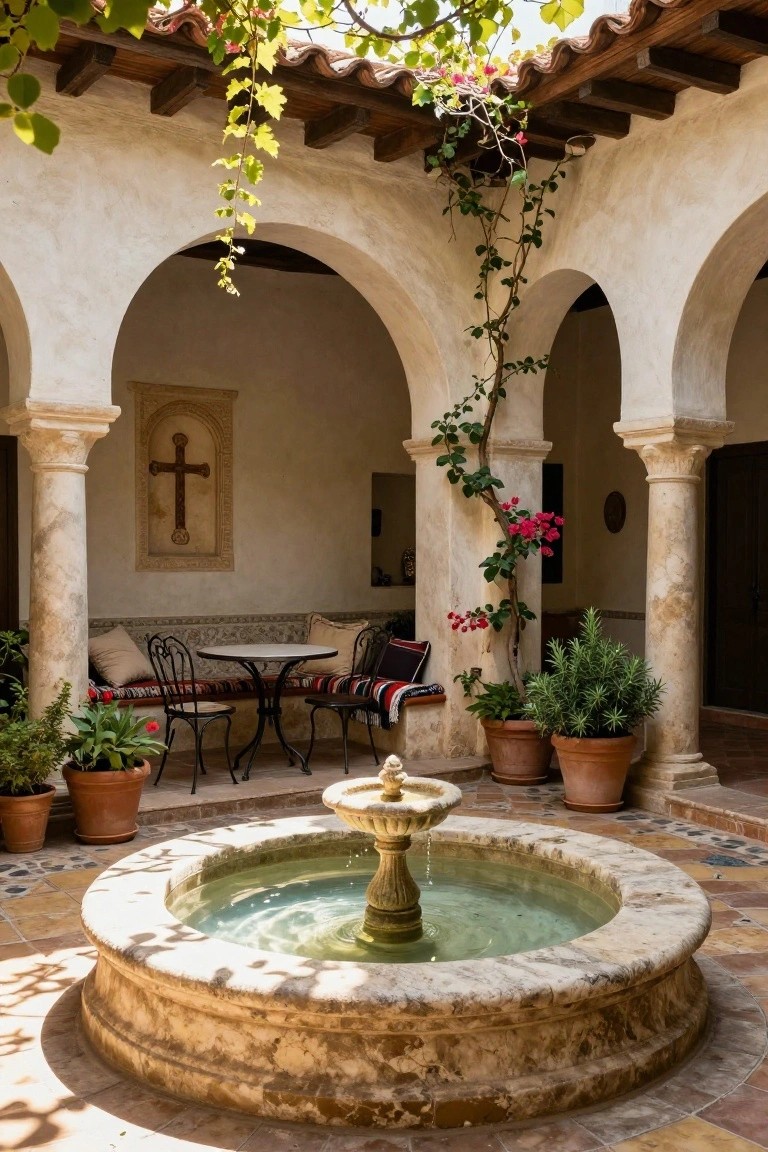 Sunlit hacienda-style courtyard with white stucco arches and columns, central circular stone fountain with water, built-in bench with cushions and wrought-iron table and chairs, potted plants, and climbing vines overhead.