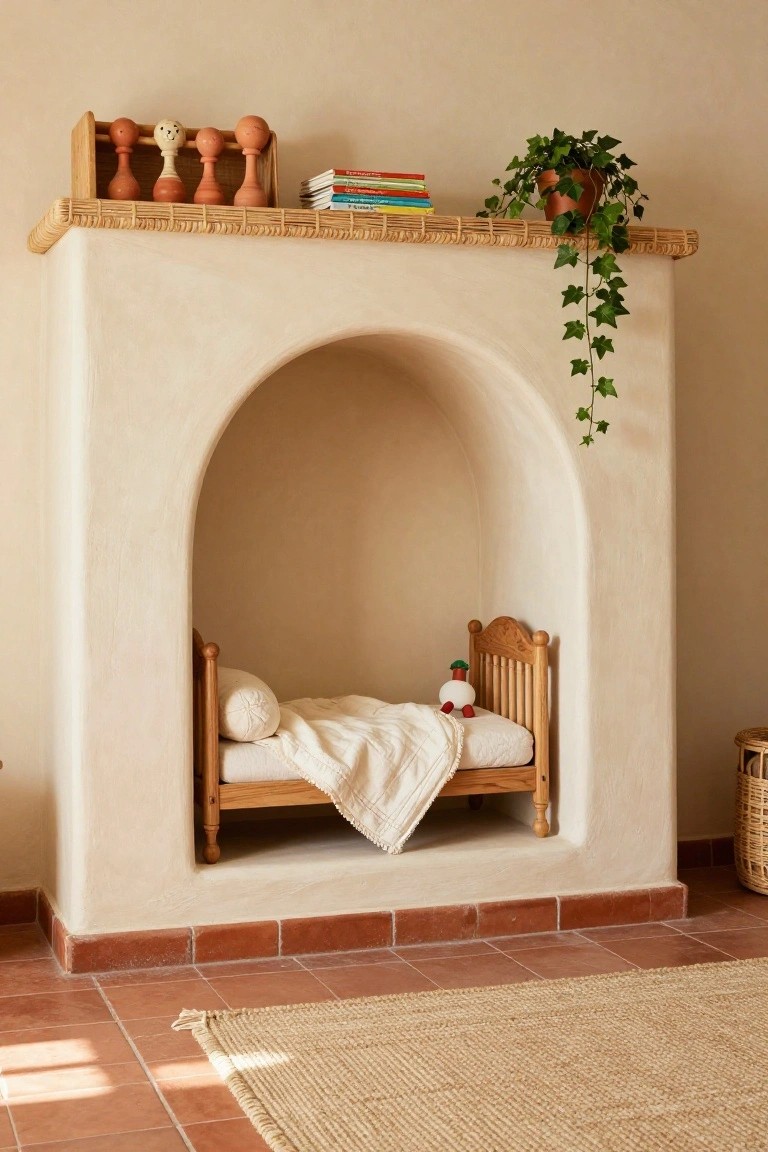 Arched alcove in beige stucco wall with small wooden bed, white pillows and quilt, red apple toy, shelves above holding wooden figures and stacked books, ivy plant in pot hanging over edge, terracotta tile floor.