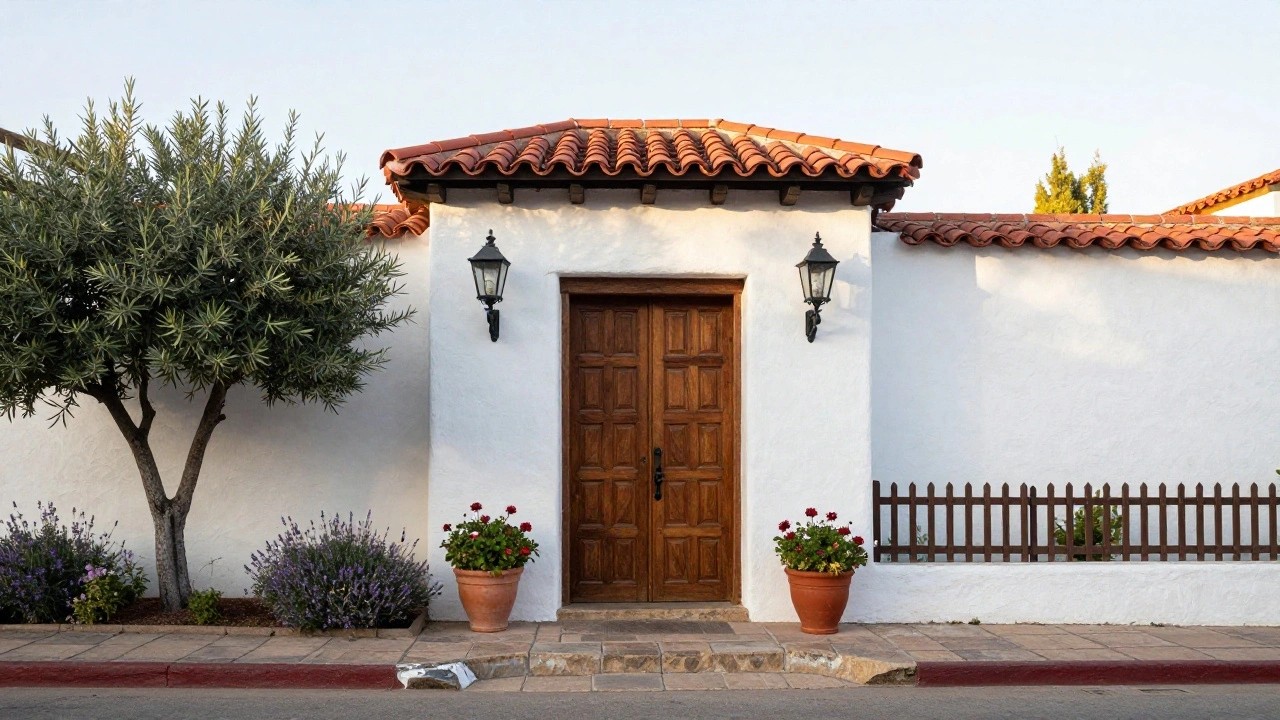 White stucco house exterior with red tile roof, dark carved wooden double doors centered under a wooden lintel, flanked by black lanterns, stone steps and path lined with lavender plants in terracotta pots, olive tree to the side.