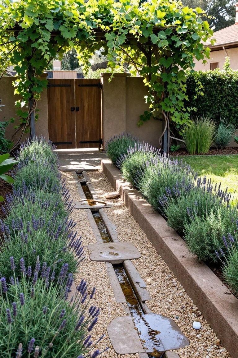 A straight gravel pathway with a central concrete water channel and stepping stones, bordered by dense rows of purple lavender plants, leading to wooden double doors under a grapevine arbor between stucco walls.