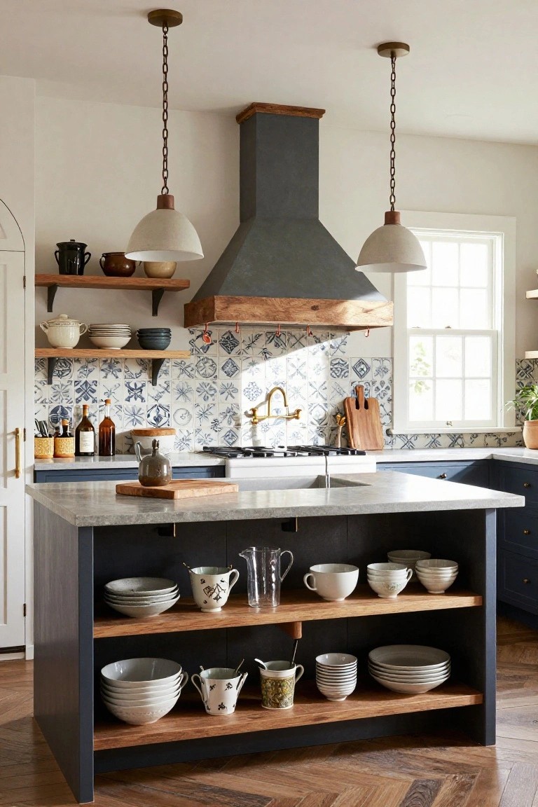 Kitchen interior with navy lower cabinets and island featuring open wood shelves displaying white pottery, white quartz countertops, blue and white patterned tile backsplash behind gas range and brass faucet sink, rustic wood range hood, white pendant lights, and hardwood floors.