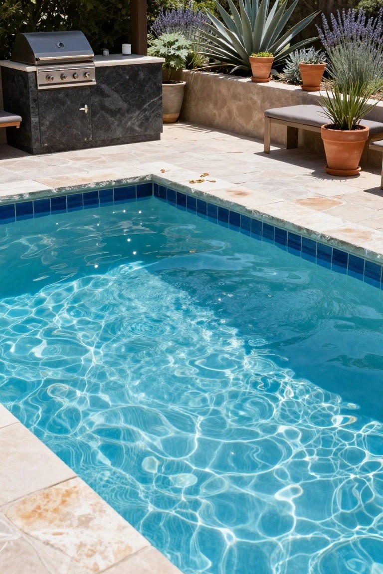 Sunlit backyard pool with blue water, stone deck, grill, and potted plants.