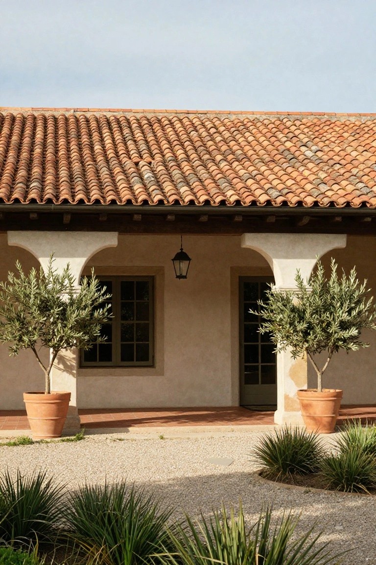 Beige stucco hacienda house facade with terracotta tile roof, arched entryway and wooden door flanked by two large potted olive trees in terracotta pots, gravel courtyard, and low yucca plants.