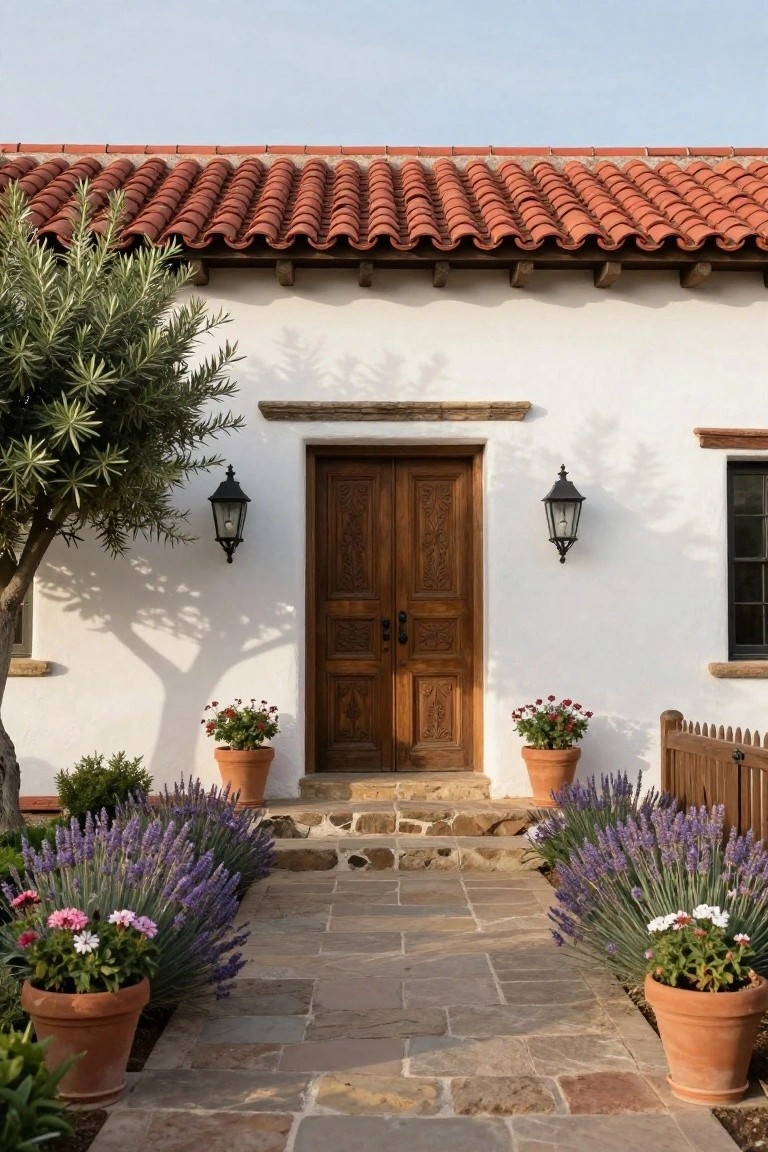 White stucco house exterior with red tile roof, dark carved wooden double doors centered under a wooden lintel, flanked by black lanterns, stone steps and path lined with lavender plants in terracotta pots, olive tree to the side.