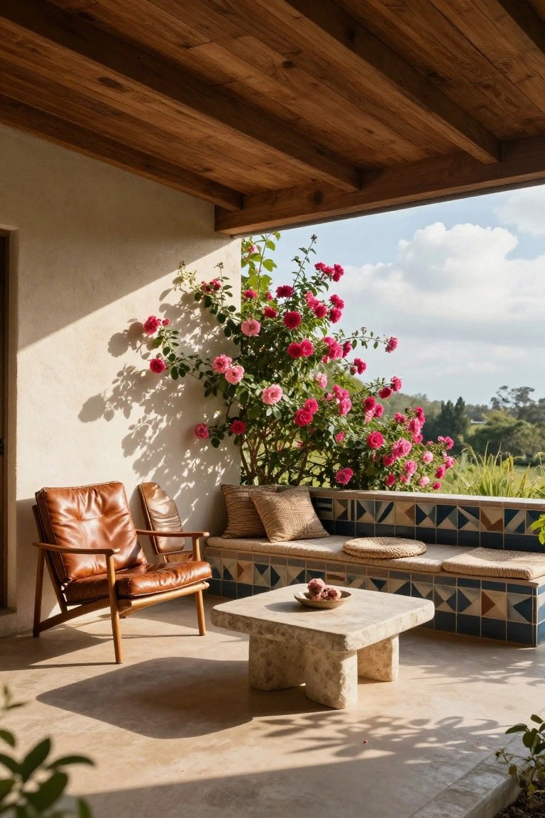 Shaded outdoor terrace with two tan leather armchairs, a blue-tiled bench with beige cushions and a straw pillow, low white stone coffee table holding figs and peaches in a bowl, pink climbing roses on beige stucco wall, wooden beamed ceiling, and view to green hills.