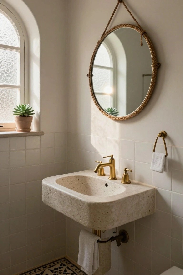 Small bathroom interior with white subway tile walls, wall-mounted beige stone sink with three gold faucets, round gold mirror with braided rope frame above sink, arched frosted glass window with potted succulent on sill, gold towel ring, and partial view of white toilet and patterned floor tiles.