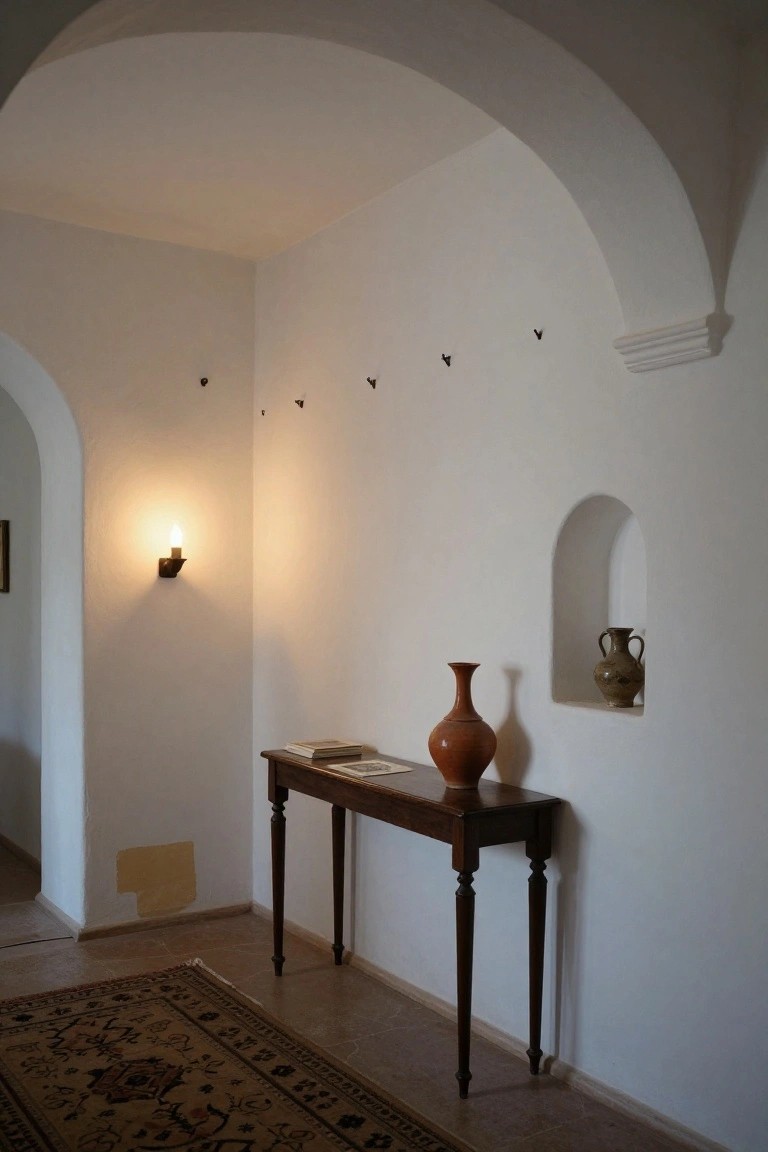 White stucco interior wall featuring an arched niche with a small terracotta vase, a wooden console table with a tall terracotta vase and open books, a lit wall sconce, and a patterned rug on the tiled floor.