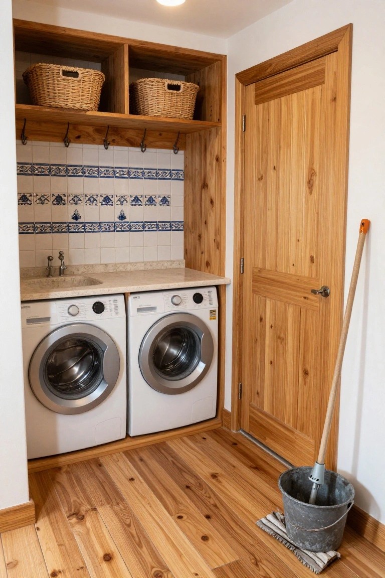 Compact laundry room interior with two white front-loading washers, beige stone sink countertop, wood cabinets and shelves holding wicker baskets, blue patterned tile backsplash, wooden door, and mop with bucket on wood plank floor.