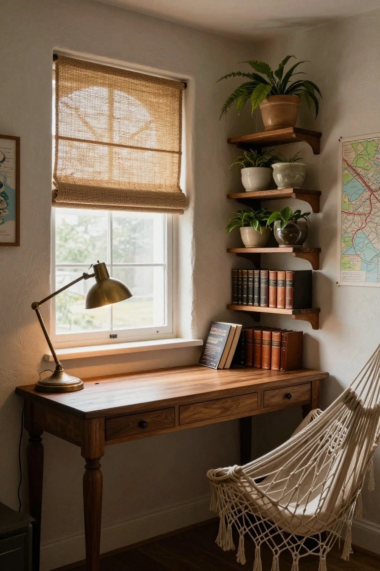 Corner of a light-filled room with wooden desk, adjustable brass lamp, tiered wooden wall shelves displaying potted plants and books, reed window shade, map on wall, and white hammock chair.