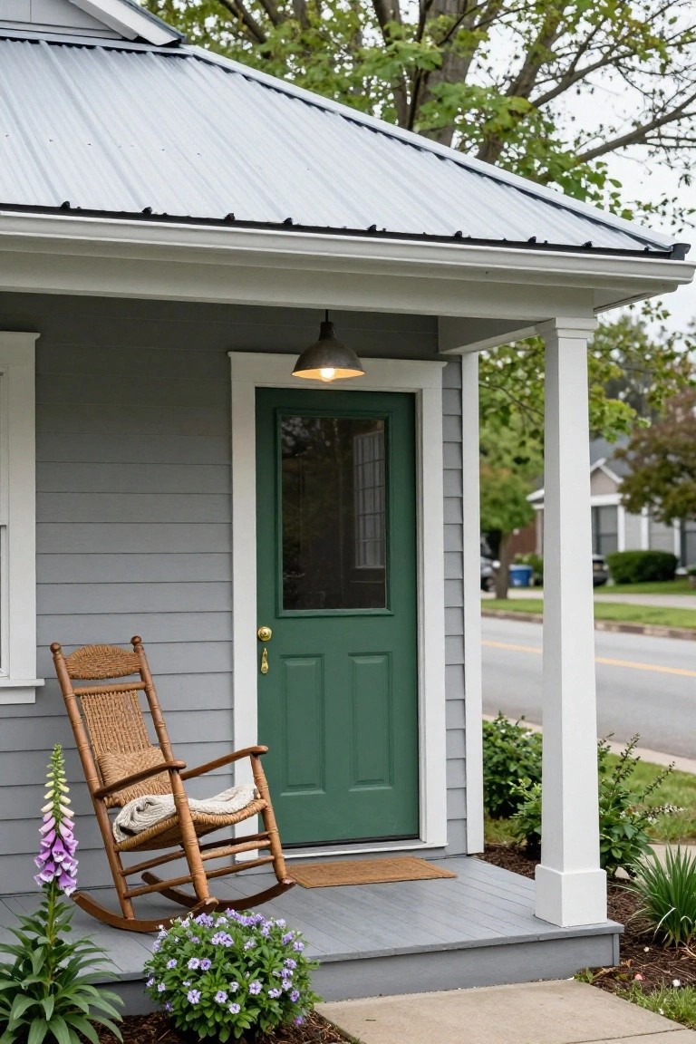 Gray clapboard house exterior with green glass-paneled front door, white-trimmed porch holding a wooden rocker chair with blanket, foxglove plant, purple flower pot, hanging lantern, metal roof, and nearby trees.