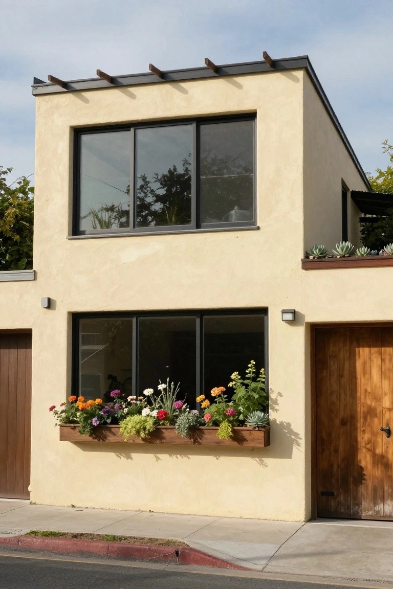 Beige stucco modern house exterior with black-framed windows, wooden garage door, rooftop succulents, and a large wooden window box planter overflowing with colorful flowers including marigolds, zinnias, and succulents.