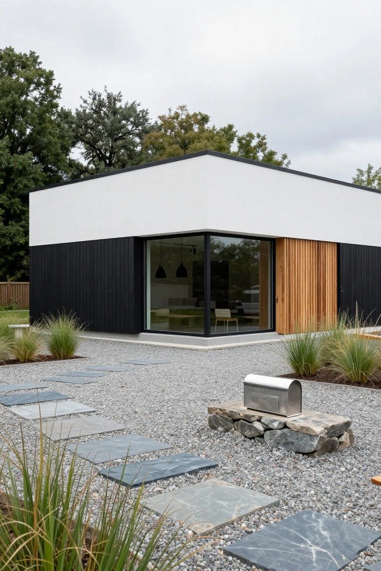 Corner view of a modern house with white walls, black vertical wood cladding, large corner glass window, vertical cedar wood entry door, gravel yard with slate stepping stones, ornamental grasses, and stainless steel mailbox on stone base.