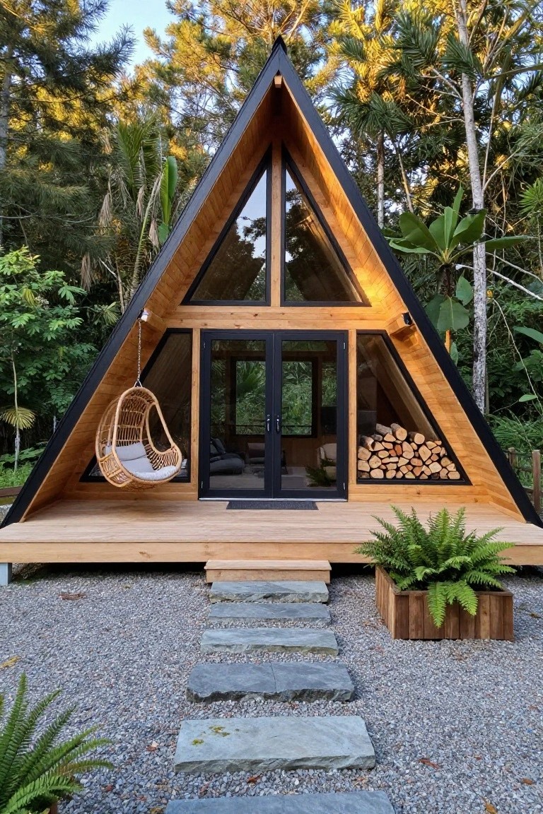 Triangular A-frame cabin with black metal framing, wooden cladding and deck, large front glass walls and double doors, hanging wicker chair on porch, firewood stack visible inside angled window, stone path leading to entrance, surrounded by trees and plants on gravel ground.