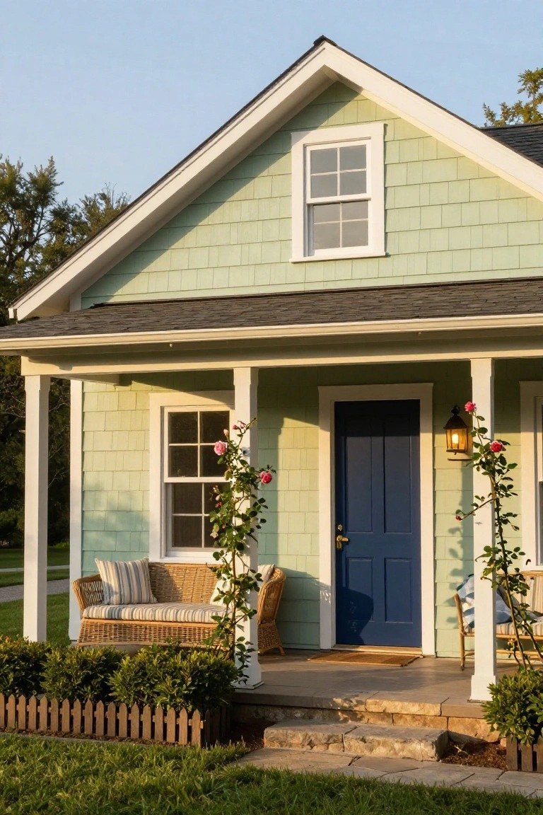 Front exterior of a mint green shingled cottage-style house with white trim, navy blue front door, covered porch with white columns, wicker loveseat and chairs, climbing roses on posts, wall lantern, and low boxwood shrubs edged by a wooden picket fence in front of a grassy lawn.