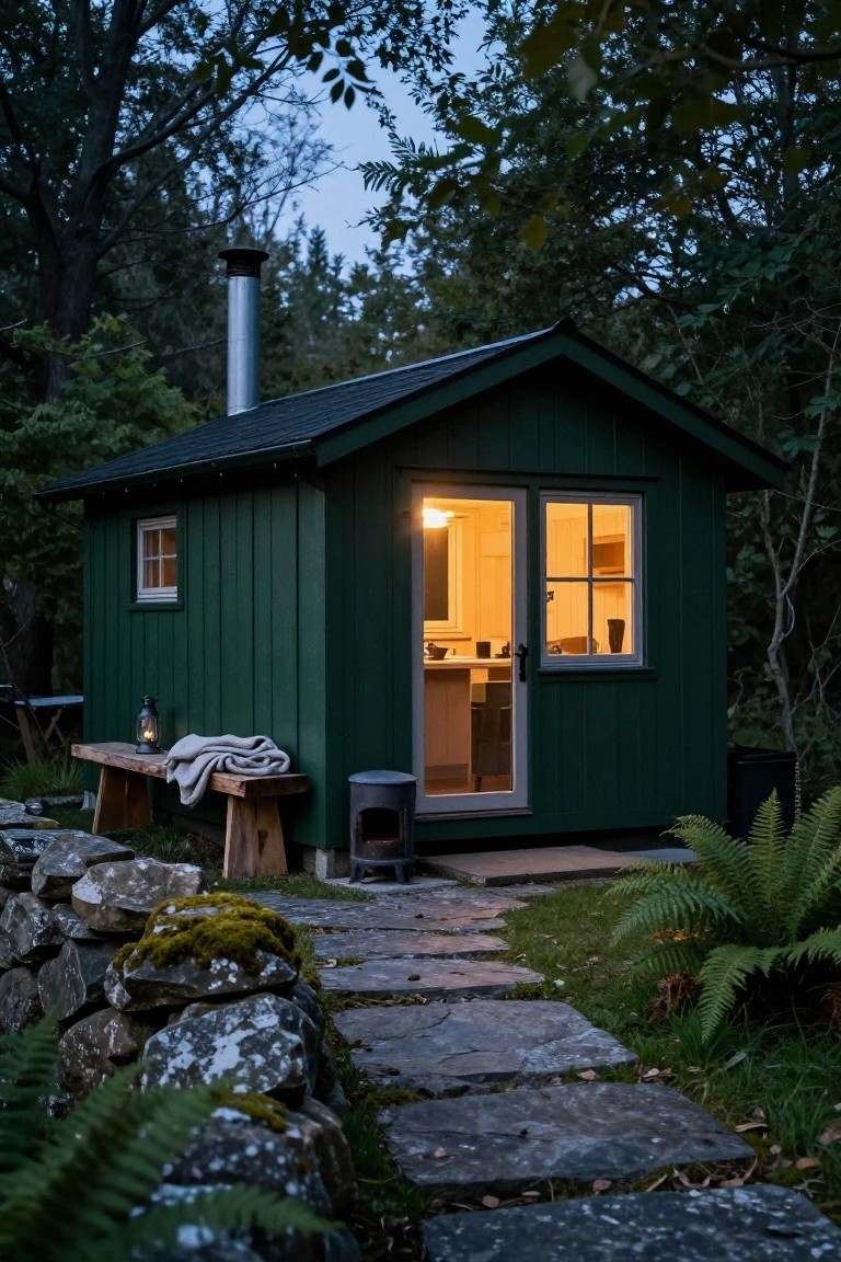 Small dark green wooden cabin with gabled roof and chimney in forested setting at dusk, glass door lit from inside showing kitchen, wooden bench with lantern and blanket nearby, stone wall and path leading up.
