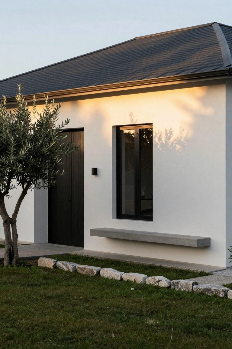 White stucco single-story house exterior with dark sloped roof, black vertical front door, black-framed rectangular window, protruding concrete bench, olive tree, stone garden edging, and grass lawn.