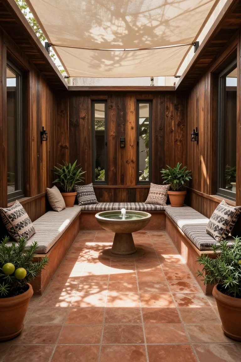 Enclosed wooden courtyard patio with U-shaped built-in cushioned benches around a central stone fountain on terracotta tile floor, potted plants, beige fabric canopy overhead, and wall lanterns.