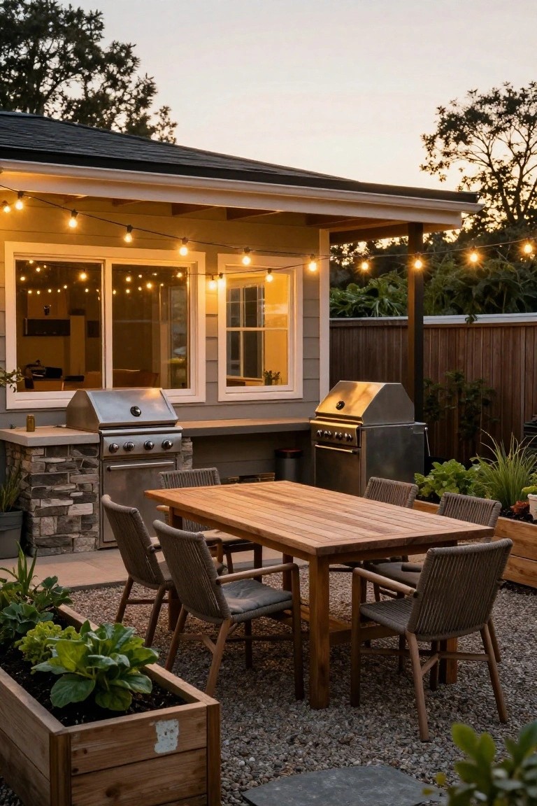 Covered backyard patio at dusk with built-in stainless steel grill on stone counter, wooden dining table surrounded by rattan chairs, string lights overhead, potted plants, gravel ground, and large windows showing indoor kitchen.