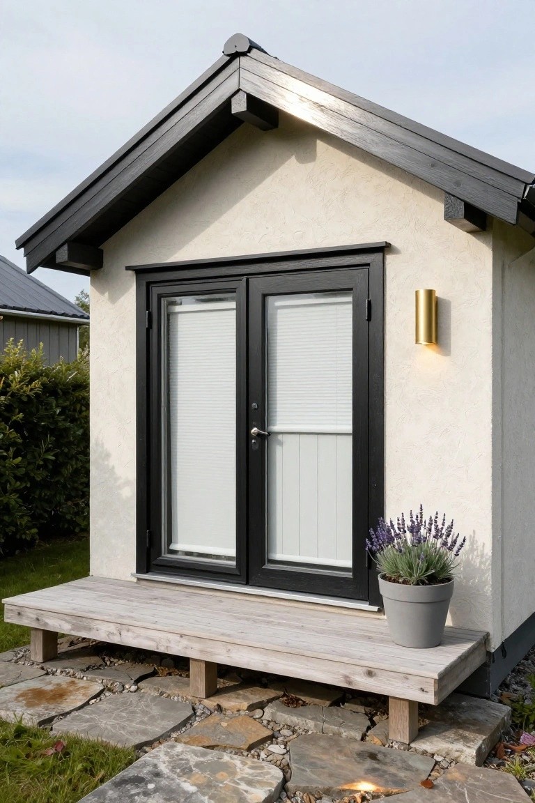Small gabled prefab house exterior featuring light textured plaster walls, black-framed double doors with white blinds, gold cylindrical wall light, potted lavender plant, wooden deck platform, stone path, and surrounding greenery.