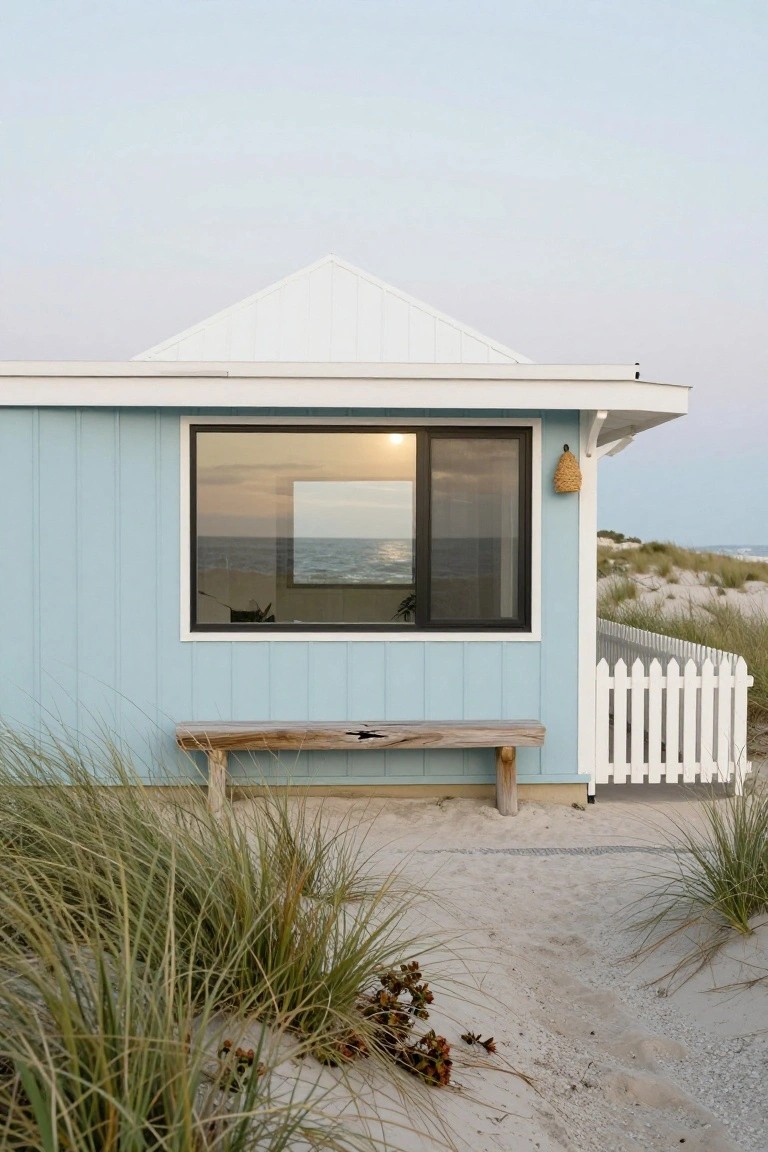 Side exterior of a light blue clapboard beach house with gabled white roof, large black-framed window overlooking ocean and dunes, weathered wooden bench, white picket fence, and sea grass in sand.