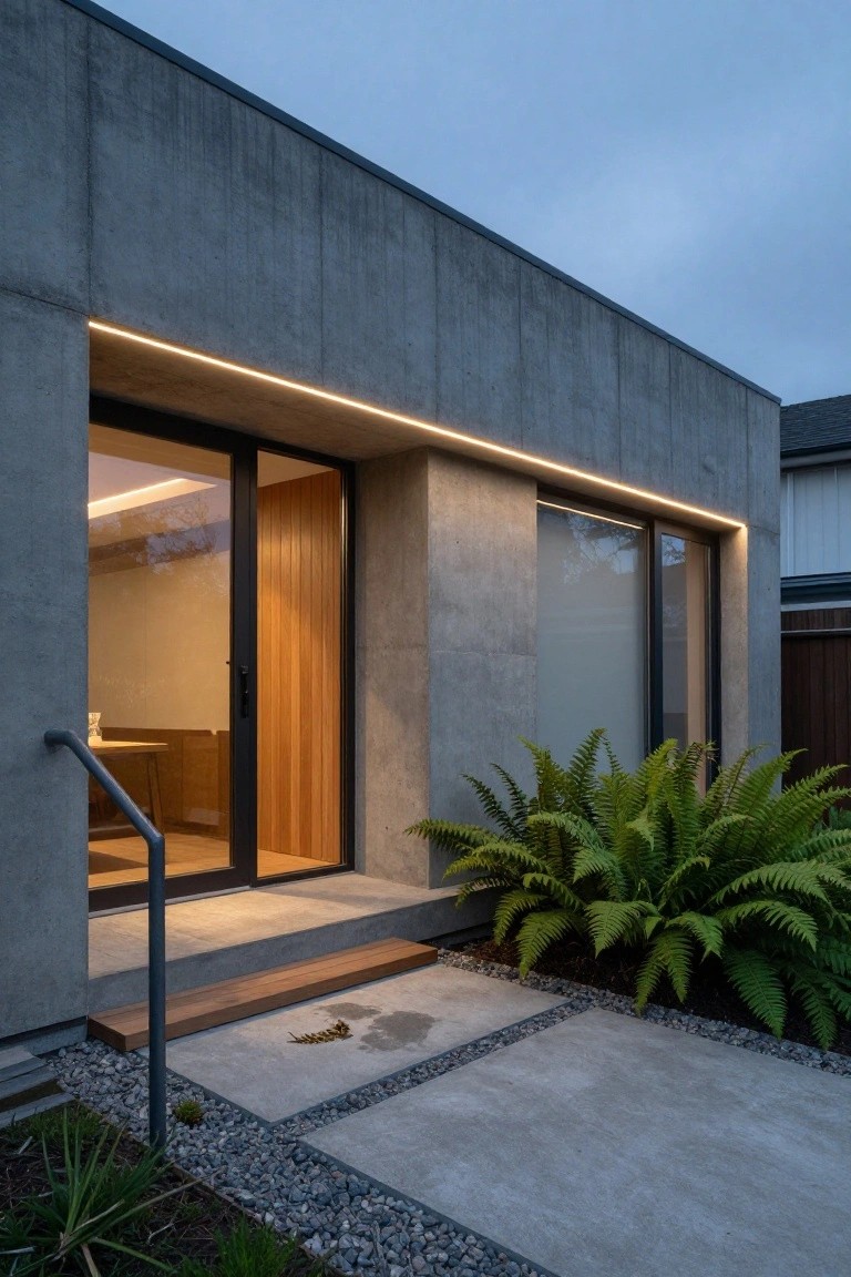 Exterior side view of a modern concrete house with a recessed wooden entry door and adjacent frosted glass window edged in slim LED light strips, concrete steps, gravel path, and low ferns nearby.