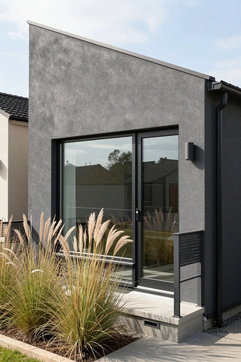 Angled corner of a modern prefab house with textured gray plaster walls, large black-framed sliding glass doors, black metal railing on a concrete step, gutter downspout, and tall pampas grass plants in a bed by a gravel path.