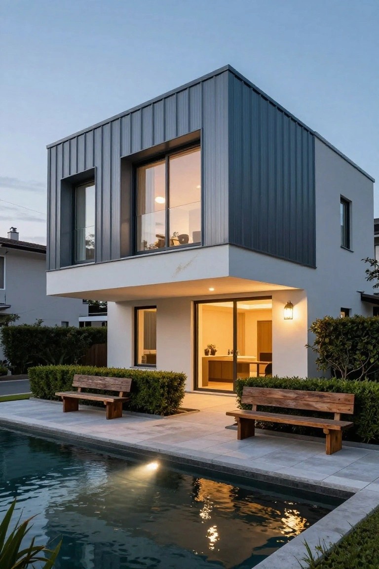 Modern two-story house exterior at dusk with dark gray corrugated metal cladding on the upper level, white stucco lower level, large glass windows, wooden benches flanked by hedges, and a lit rectangular pool in the foreground.