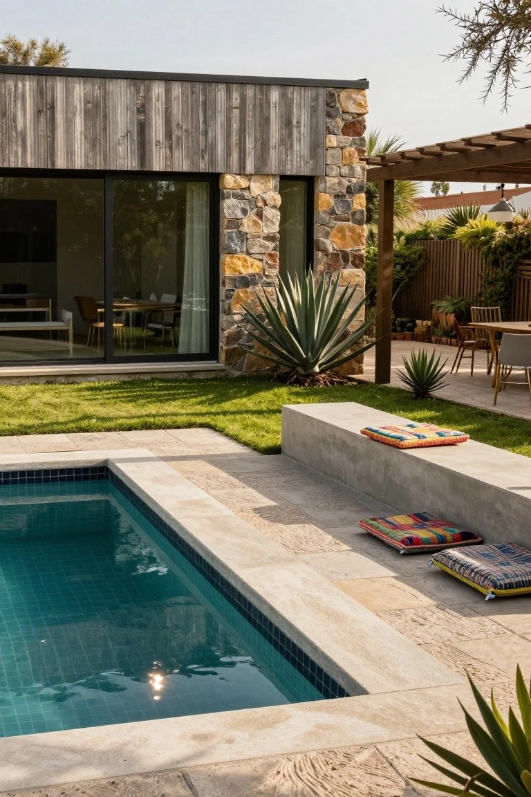 Turquoise mosaic-tiled pool with travertine coping and concrete bench topped with colorful cushions, adjacent to a modern house with wood cladding, stone walls, glass doors, grass lawn, and agave plants.