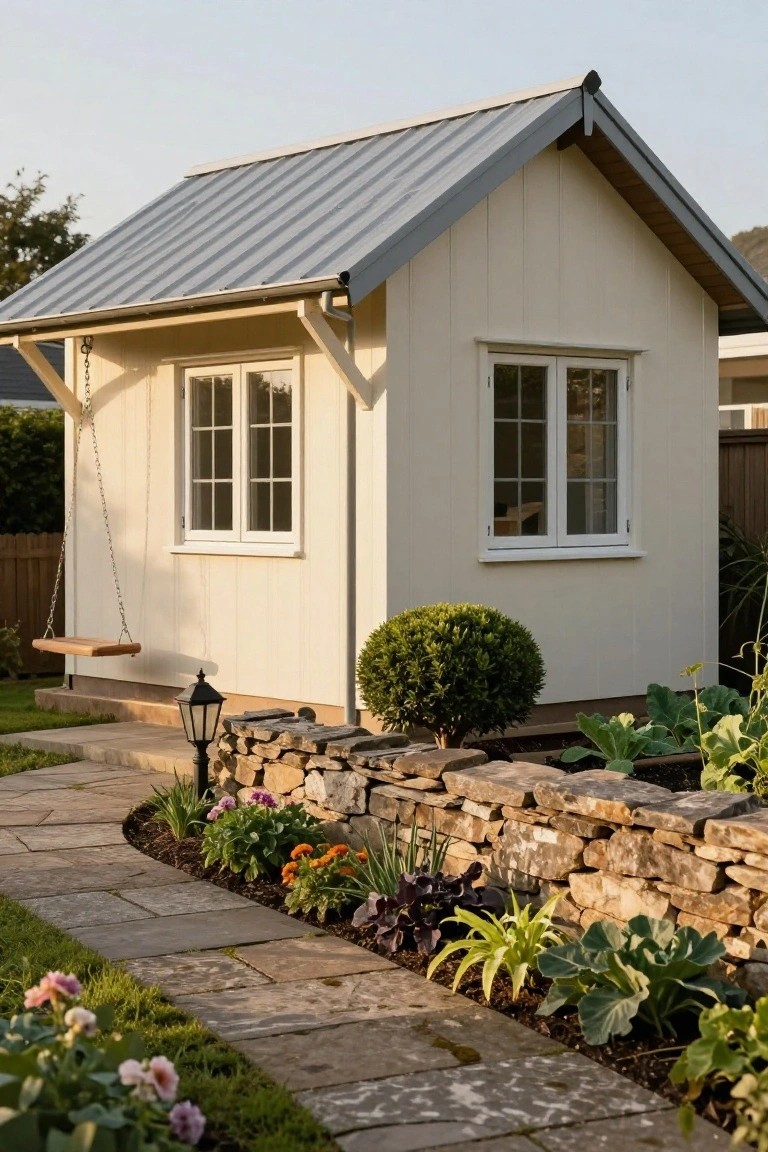 Small cream clapboard garden shed with gray metal roof, covered porch overhang holding a wooden swing, double white-framed window, hanging lantern, adjacent stone wall garden bed with vegetables and flowers, and flagstone path.