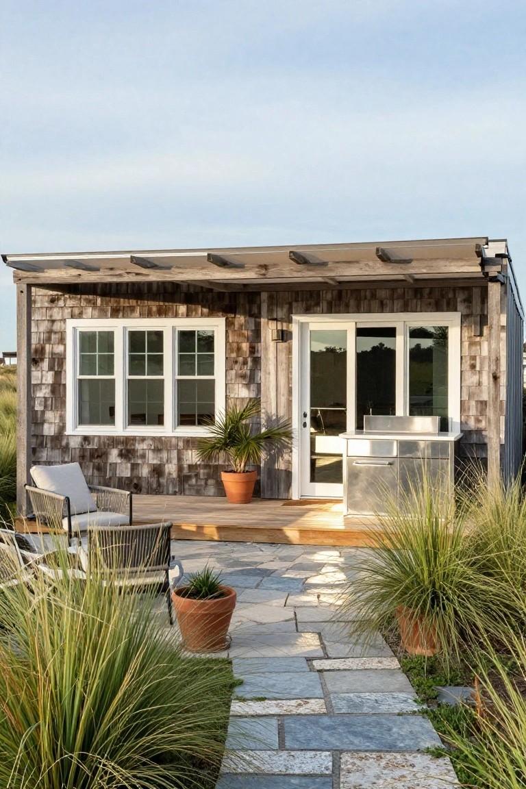 Small prefab house with weathered shingle siding, white-framed windows and doors, covered porch featuring an outdoor kitchen and seating, potted plants, stone pathway, and dune grass landscaping.