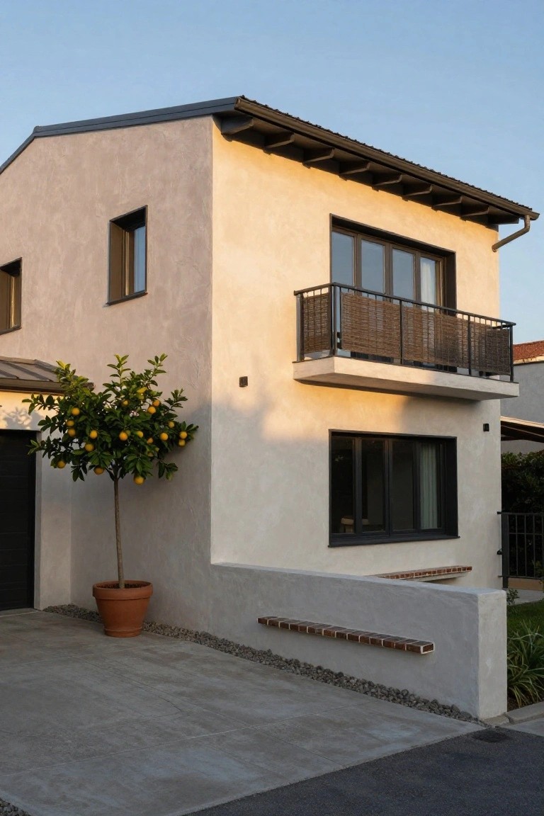 Two-story modern house exterior with beige stucco walls, dark-framed windows and balcony with woven screens, potted lemon tree by the garage, concrete driveway, and gravel edging.