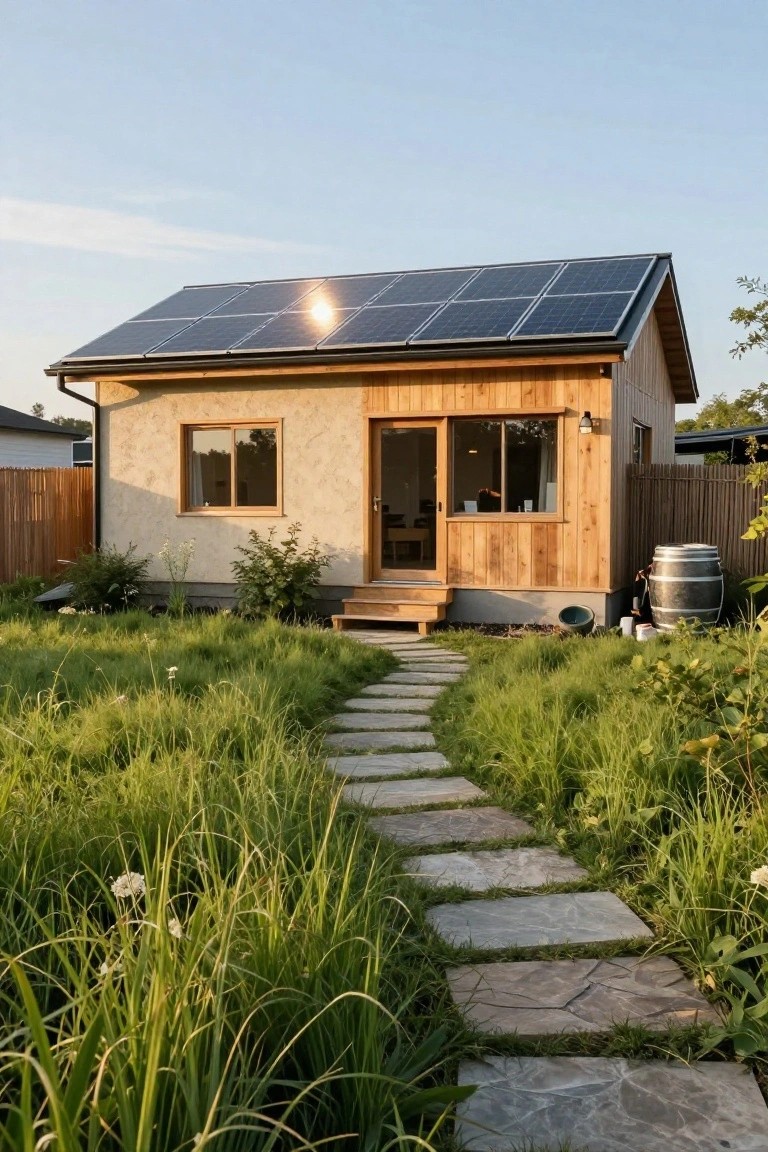 Small single-story prefab house with black solar panels on the roof, light plaster walls on one side and vertical wood siding on the other, glass door and window at the front, stone path through surrounding grass, and a wooden rain barrel nearby.