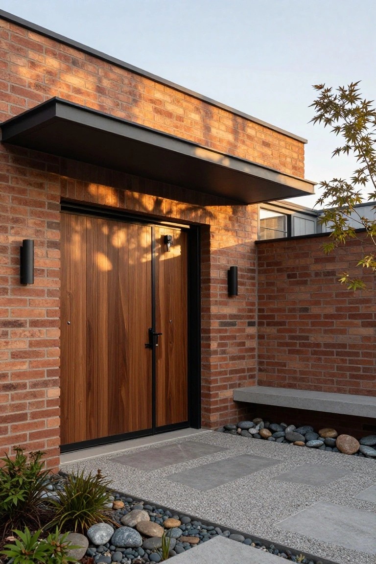 Front exterior of a modern brick house showing double vertical wooden doors under a black metal overhang, flanked by cylindrical wall lights, with a concrete path edged in pebbles and plants.