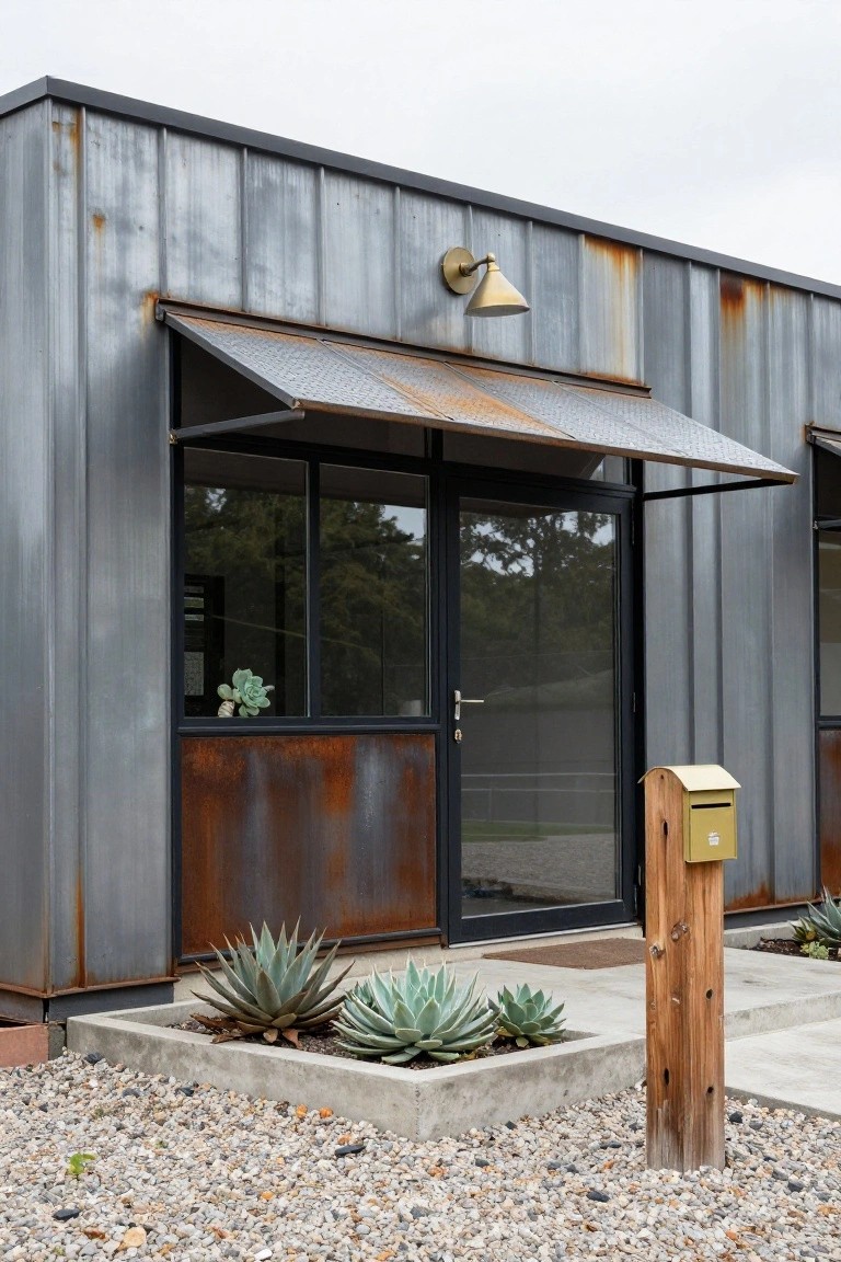Exterior view of a prefab home with gray corrugated metal siding showing rust patina, a glass door under a matching metal awning, agave plants in a concrete planter bed, wooden mailbox post, and gravel ground cover.