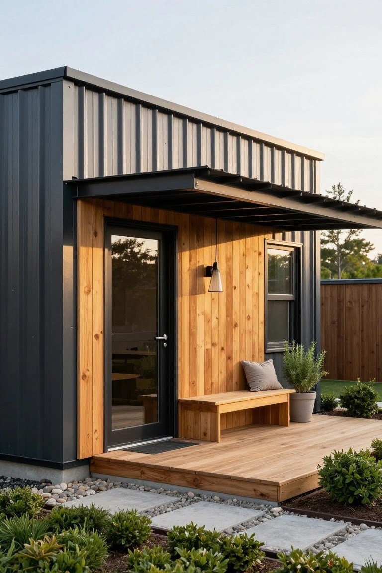Compact prefab house with gray corrugated metal siding and cedar wood accents on the entry door, porch, bench, and deck, surrounded by gravel paths, plants, and shrubs.