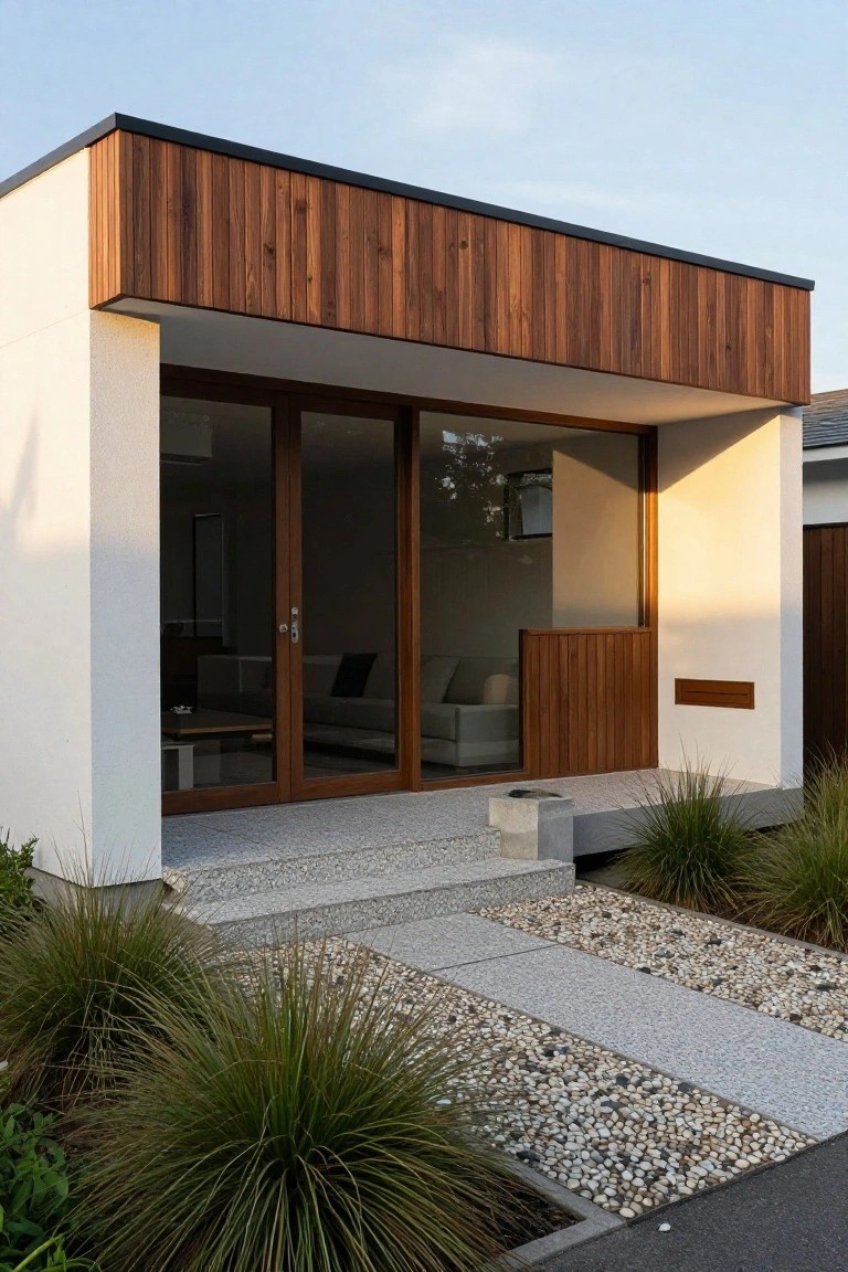 Front exterior of a modern single-story prefab house with white stucco walls, dark vertical wood cladding on the roof edge and entry wall, large wood-framed glass sliding doors revealing an indoor sofa, concrete steps, pebble path, and clumps of ornamental grasses.