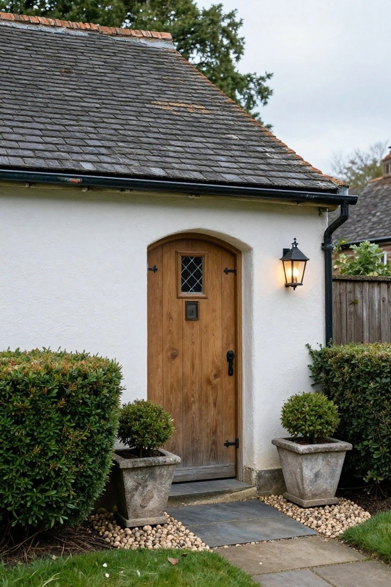 White stucco wall with arched wooden door featuring small leaded glass window and black iron latch, black lantern light mounted beside it, two round boxwood shrubs in tall stone pots flanking the door, slate step and gravel mulch leading to paved path.
