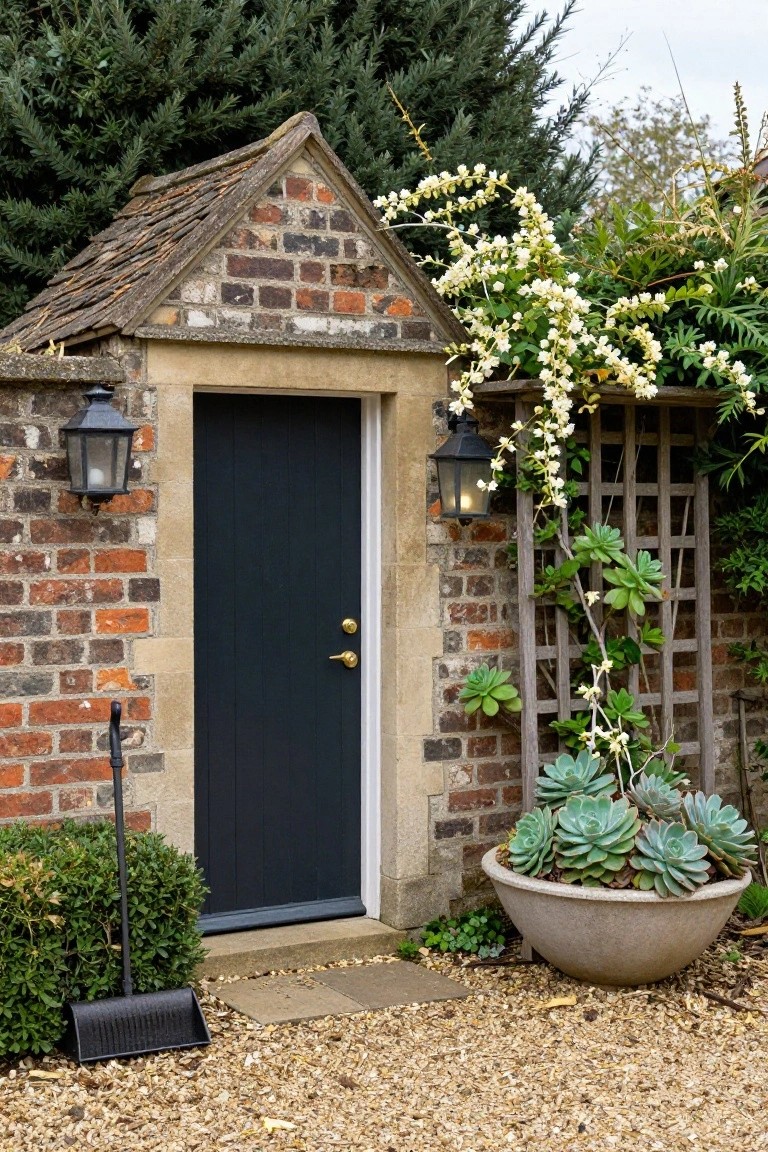 Small gabled brick structure with dark wooden door centered between two lanterns, white-flowered vine climbing wooden trellis on right side, large pot of succulents next to door, broom and dustpan on gravel ground with shrubs and trees in background.
