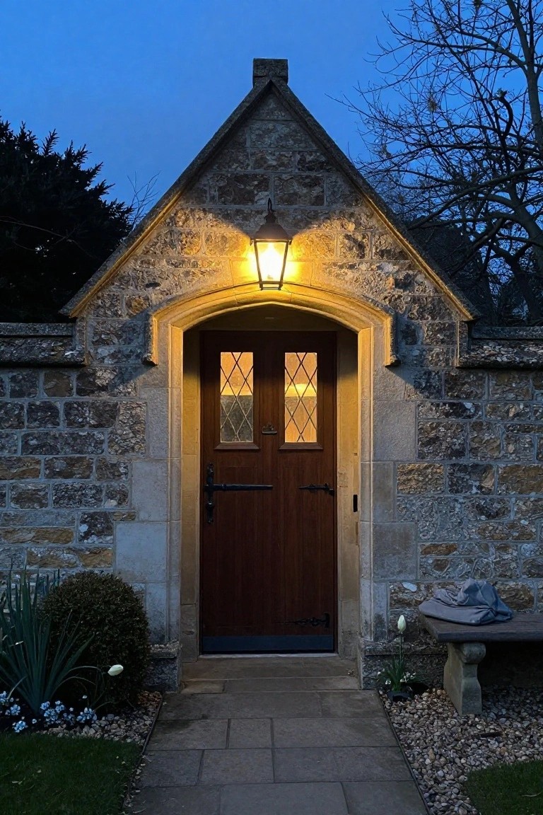 Stone doorway with lit lantern and wooden door at dusk.