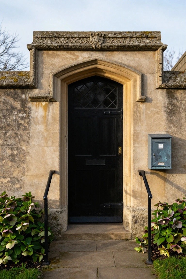 Black wooden door with leaded glass window set in a tall pointed beige stone archway flanked by mossy walls, black metal handrails on front steps, and hellebore plants on either side, stone pathway leading to the entrance.