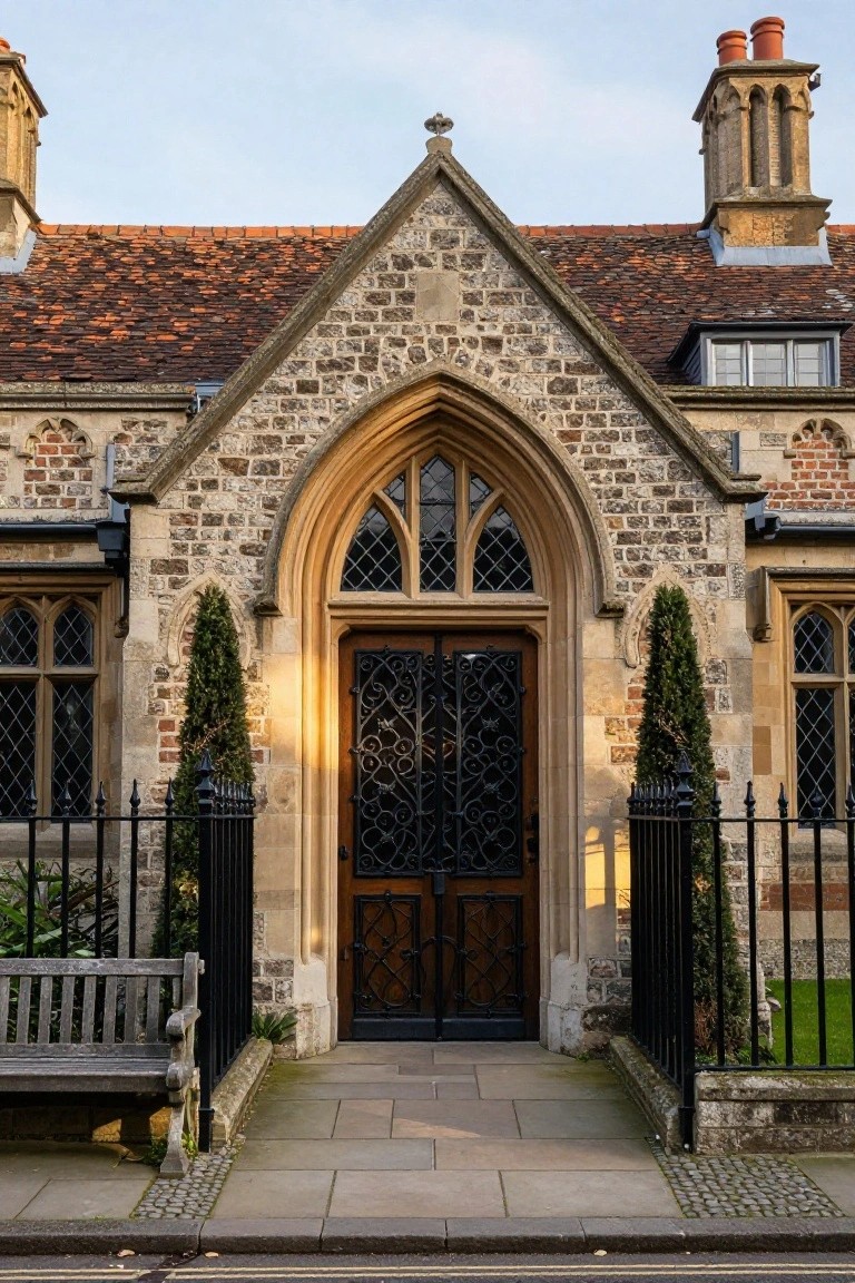 Stone house facade with tall Gothic arched entrance featuring wooden double doors behind ornate black wrought iron gates, flanked by yew trees, a wooden bench, and black iron fencing on a paved walkway.