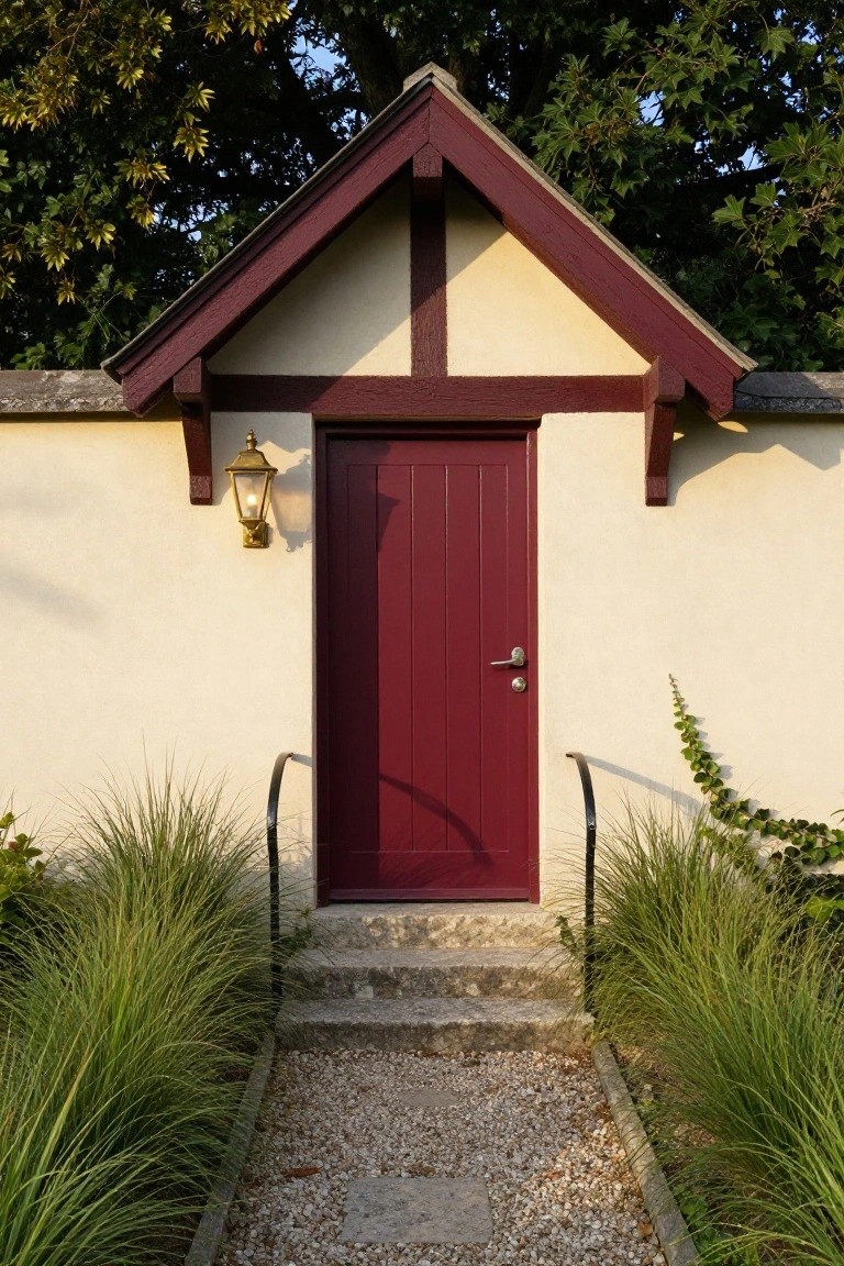 Red paneled door centered under a half-timbered gable roof on a cream stucco wall, with brass lantern light, stone steps, black handrail, gravel pathway, and tall ornamental grasses flanking the approach.
