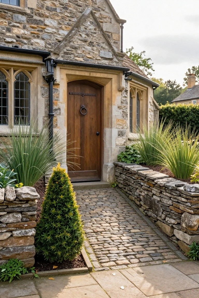 Stone Tudor-style house entrance featuring a heavy wooden arched door with iron hardware, approached by a narrow cobblestone path flanked by low dry-stone walls planted with ornamental grasses and a small conifer tree.