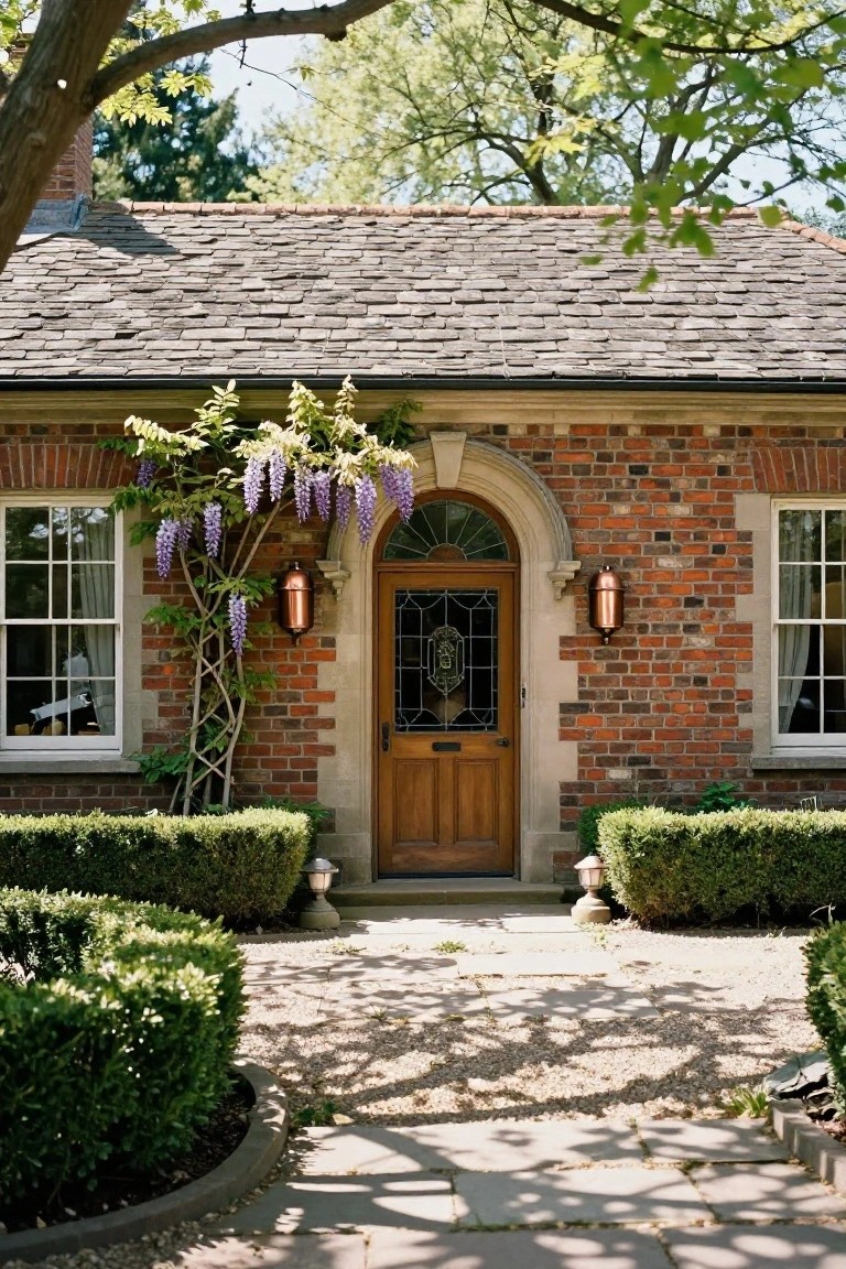 Charming brick cottage entrance with arched wooden door and blooming wisteria.