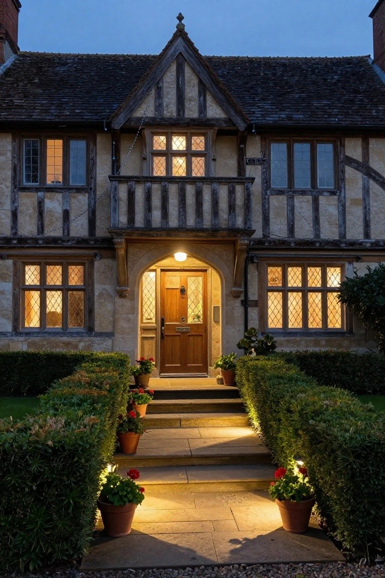 Tudor-style house front at dusk with illuminated stone steps flanked by clipped boxwood hedges and potted red flowers leading to an arched wooden door.