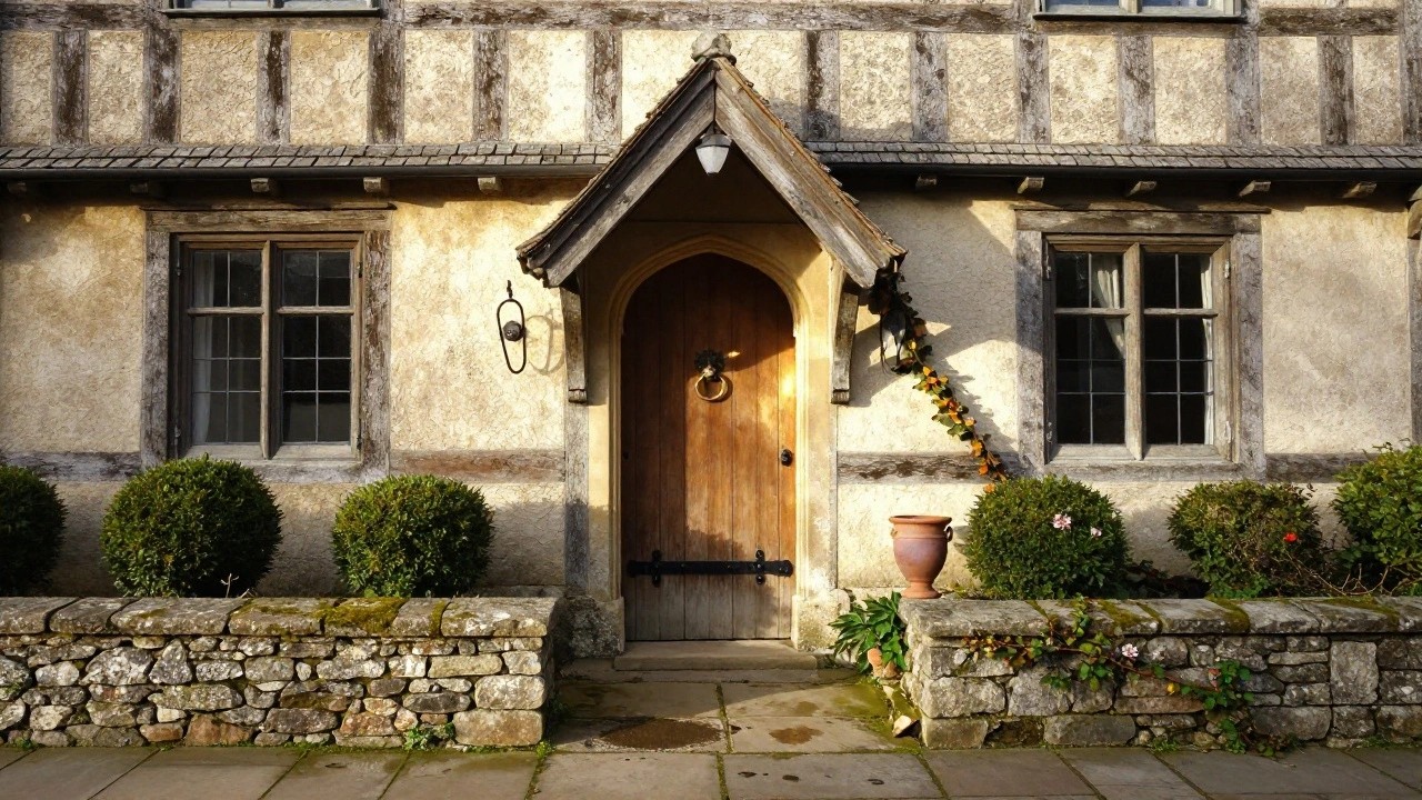 Tudor-style house entrance with arched wooden door featuring lion knocker and iron hinges, flanked by black lanterns, approached by flagstone path edged by stone walls and boxwood shrubs.