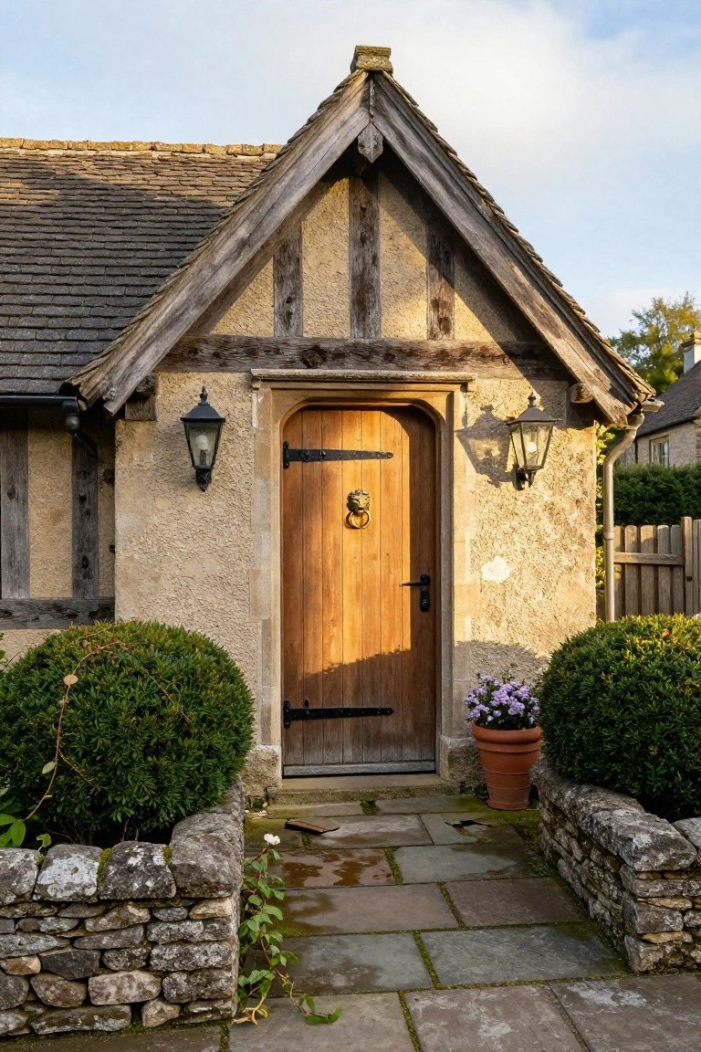 Tudor-style house entrance with arched wooden door featuring lion knocker and iron hinges, flanked by black lanterns, approached by flagstone path edged by stone walls and boxwood shrubs.