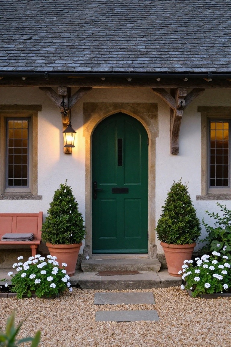 Tudor-style house entrance featuring an arched green wooden door in a stone frame, flanked by leaded glass windows, potted topiary trees, a wooden bench, white flowering plants, and a gravel path with stone steps.